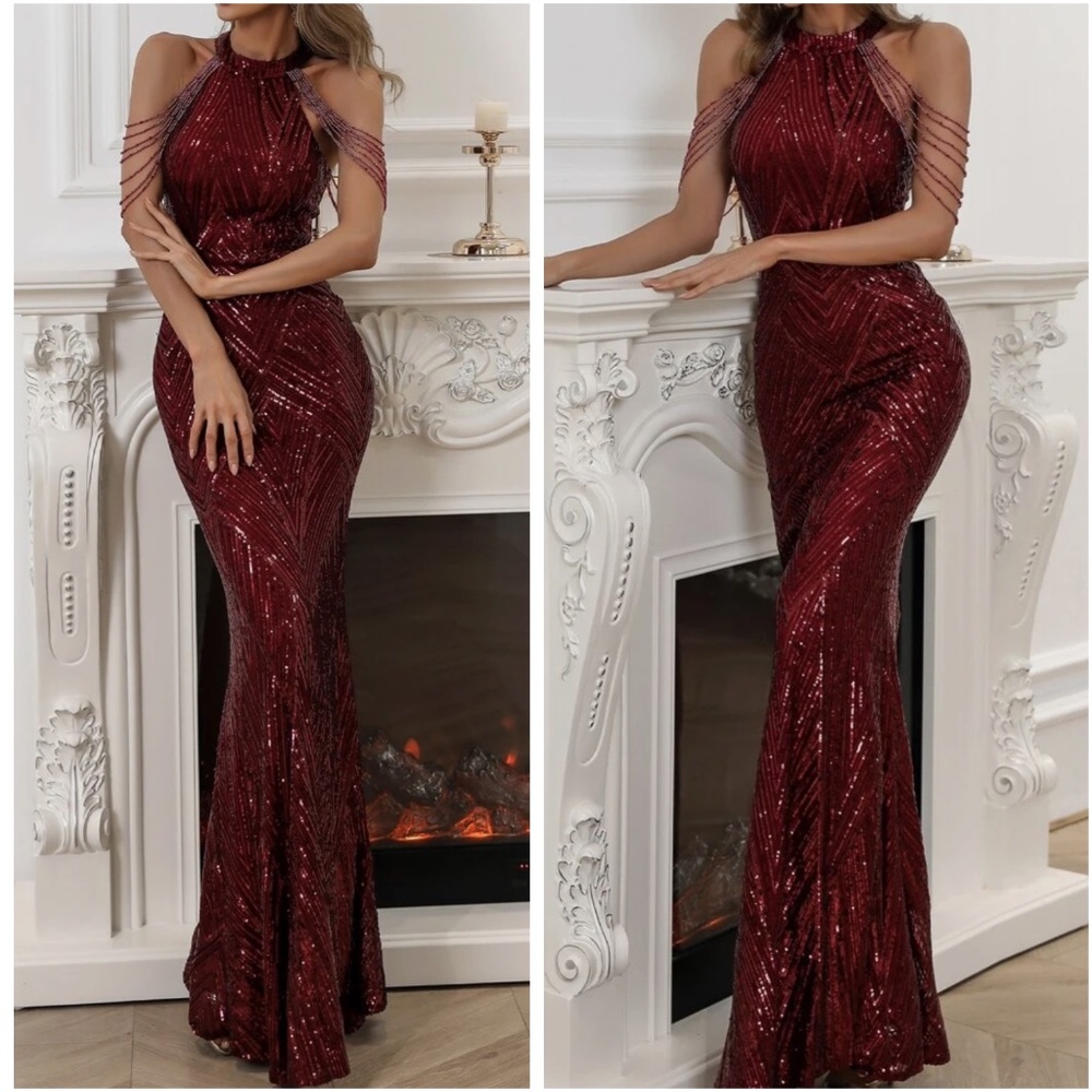 Luxe Sequin Halter Evening Party Wedding Bodycon Gown Dress - Picture 1 of 10